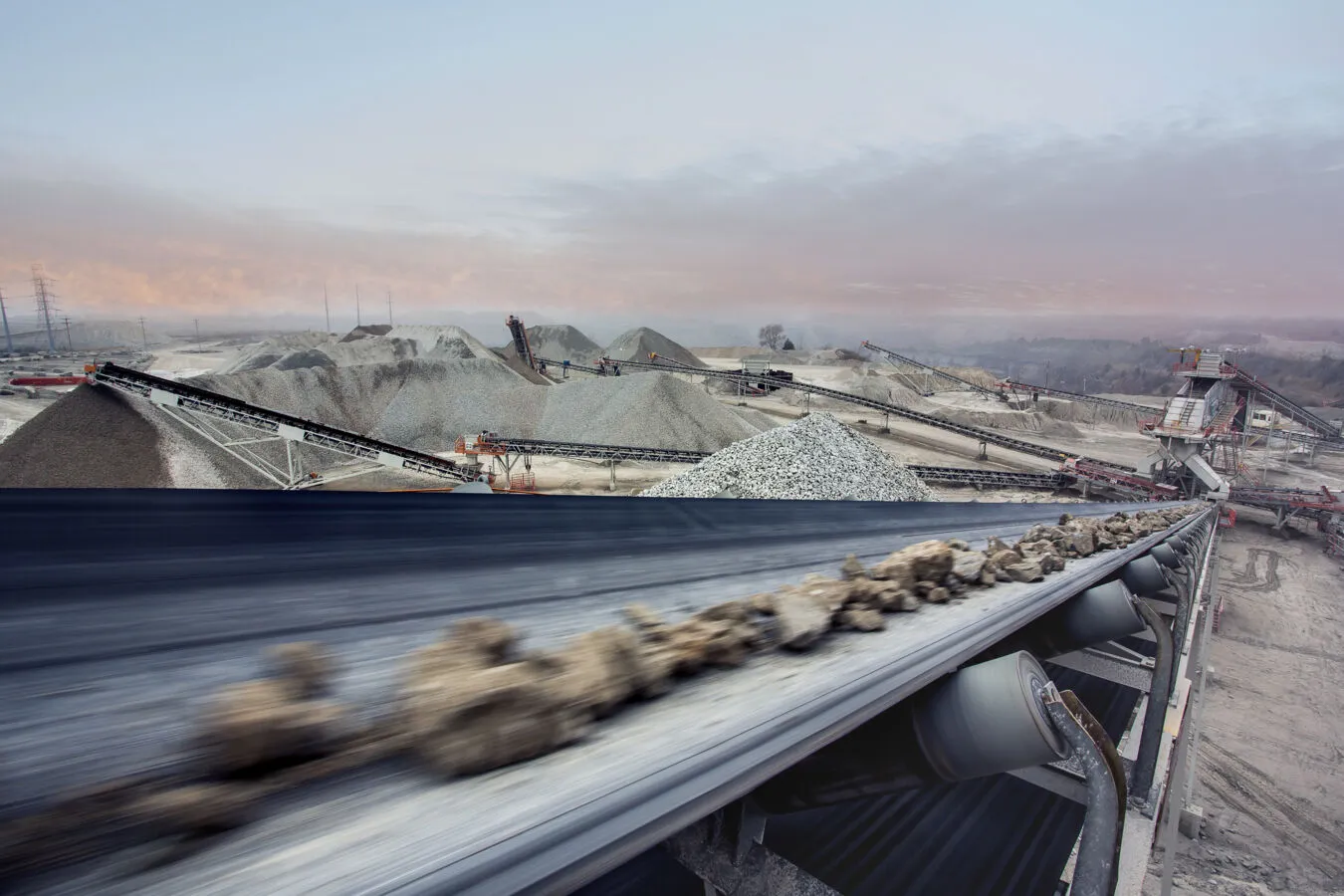 A conveyor belt moving rocks in Lehigh Hanson.